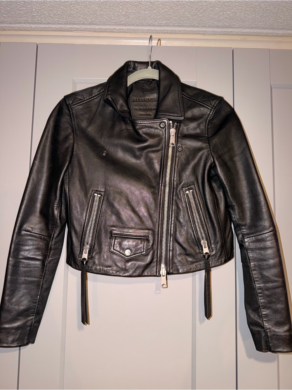 AllSaints Black Leather Asymmetric Moto Jacket